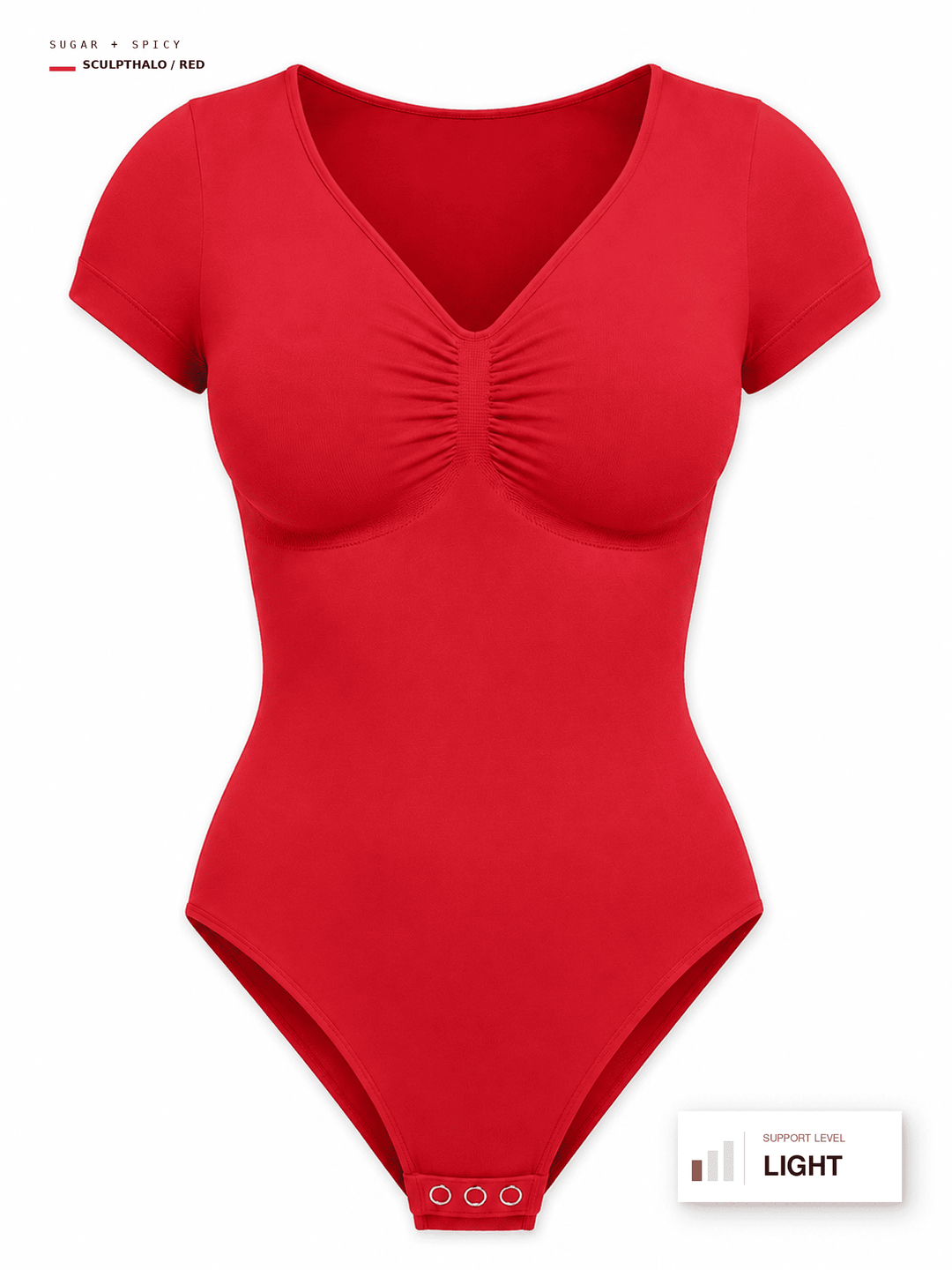 A bright red short-sleeve bodysuit with a ruched V-neckline, displayed on a clean white background with informational text overlays.