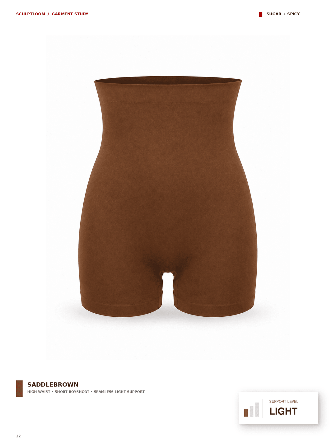 A high-waisted saddlebrown shapewear brief shown on a white background with product information text at the bottom.
