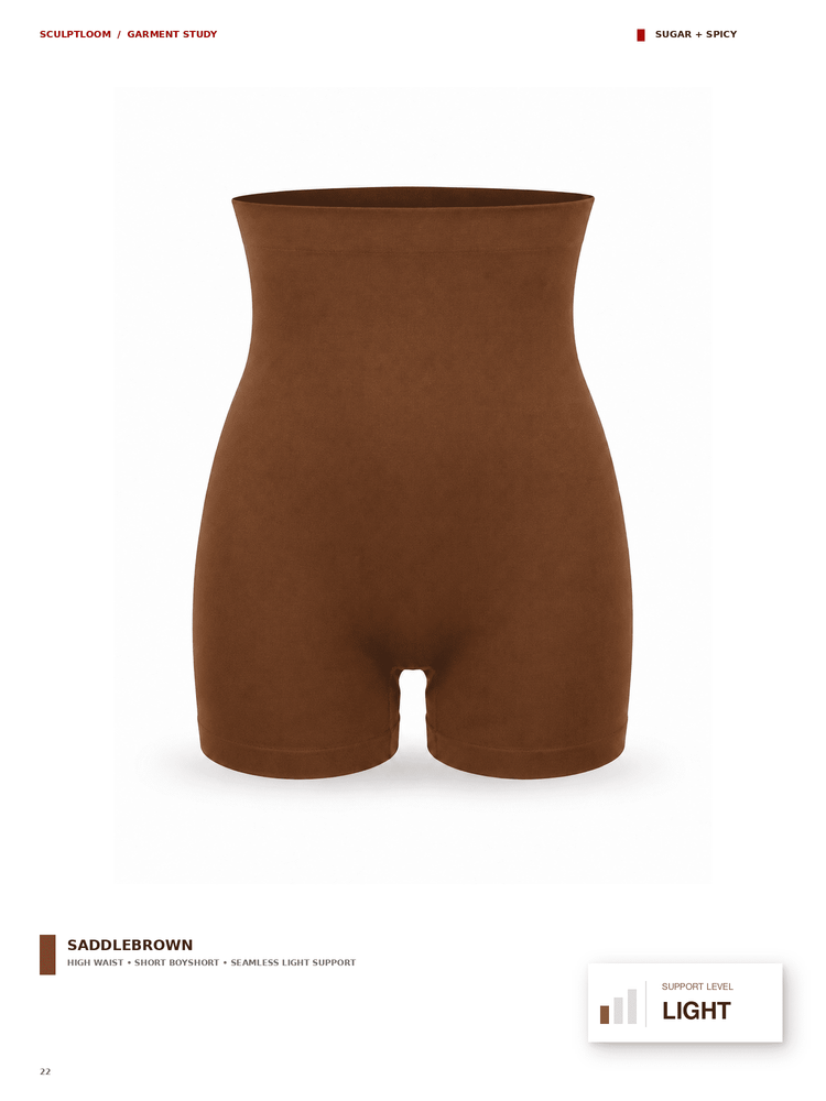 A high-waisted saddlebrown shapewear brief shown on a white background with product information text at the bottom.