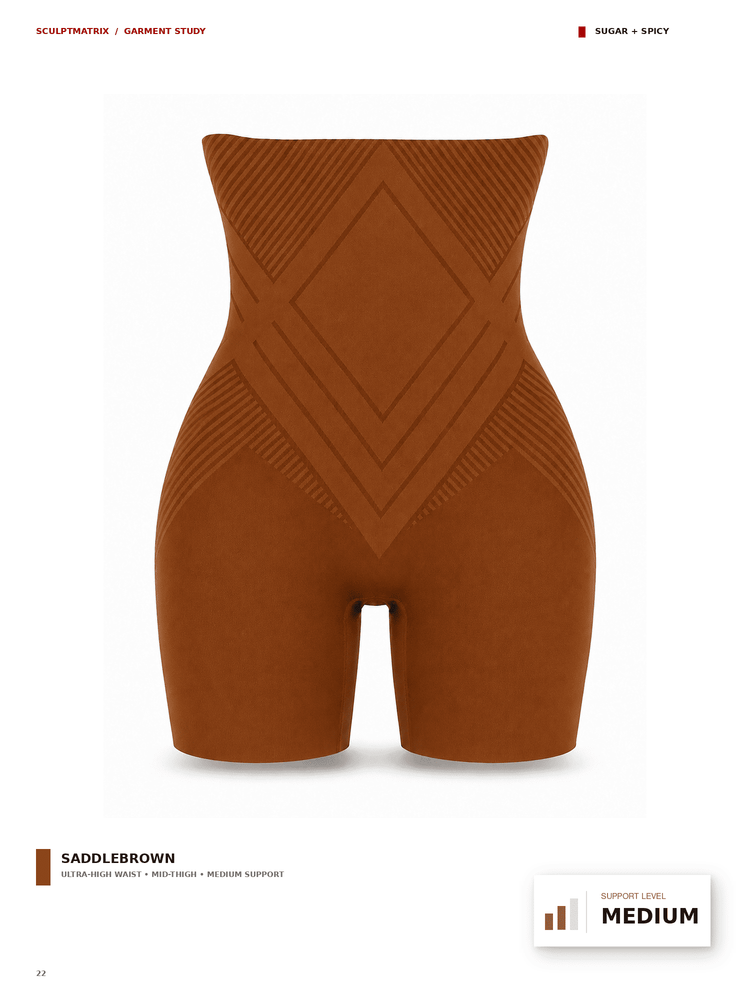 A high-waisted compression shapewear brief in saddlebrown, shown from the back on a white background. The garment features a wide waistband and a textured, ribbed design with geometric diamond patterns on the upper back and sides.