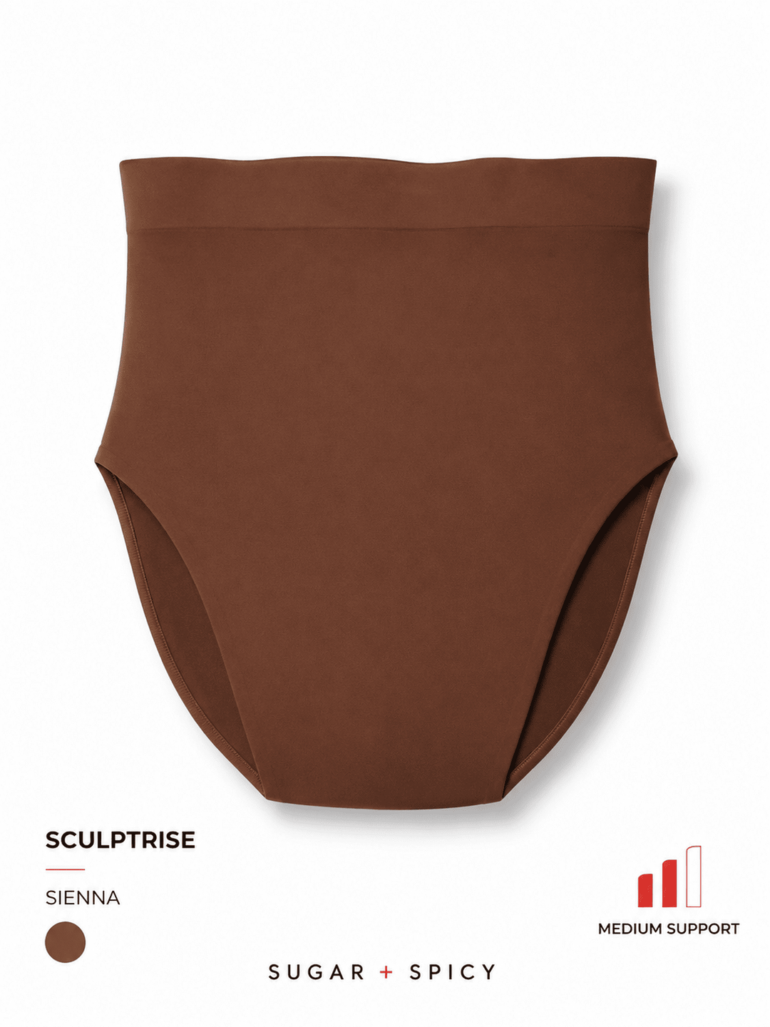 A high-waisted brown support brief or underwear piece shown flat against a white background, with text reading SCULPTRISE, SIENNA, and SUGAR + SPICY plus a medium support badge.