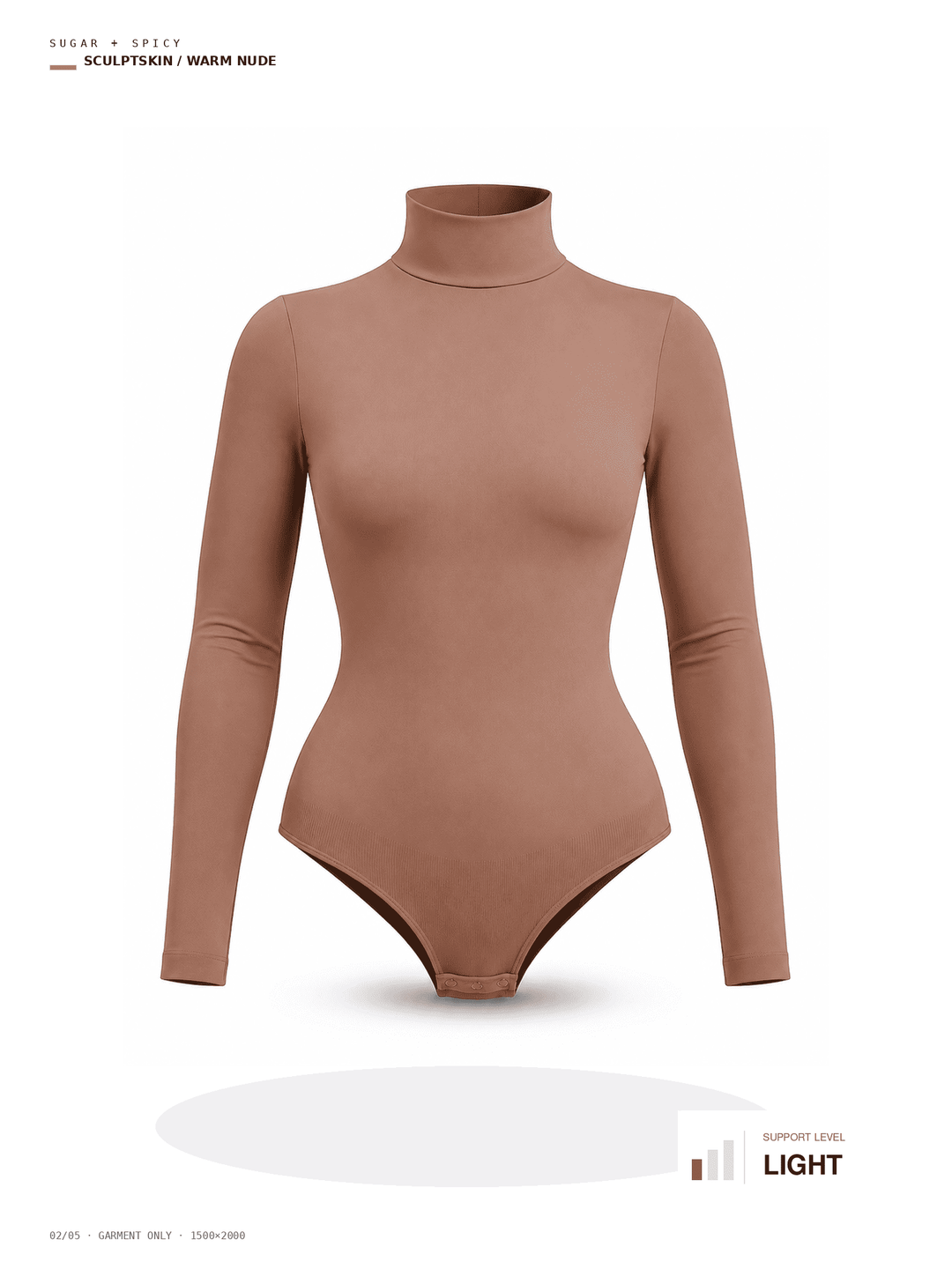 A long-sleeve mock neck bodysuit in a warm nude, light brown shade, displayed on a ghost mannequin against a white background with text overlays.