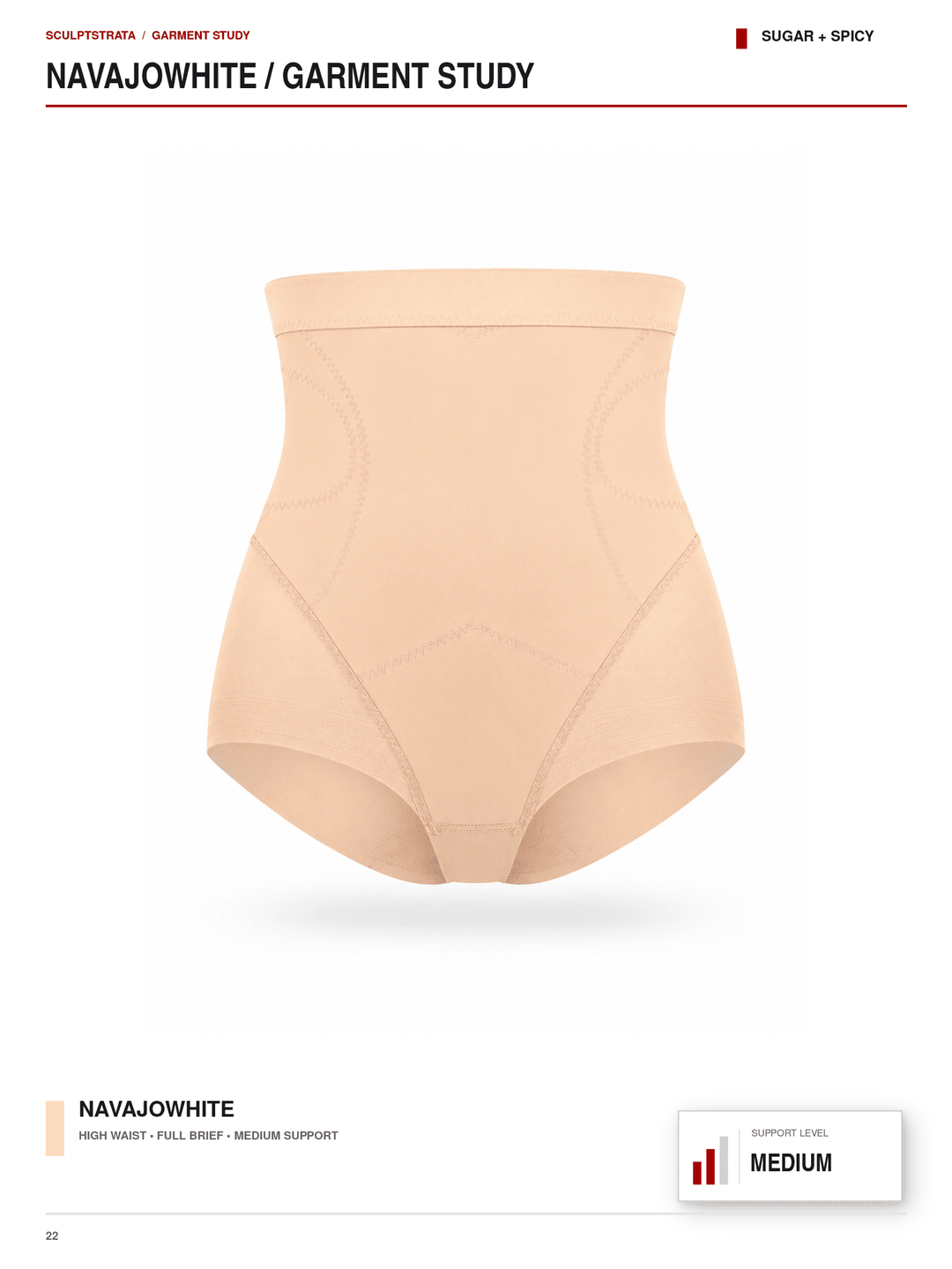 A high-waisted beige shapewear brief shown on a white background with text labels reading &