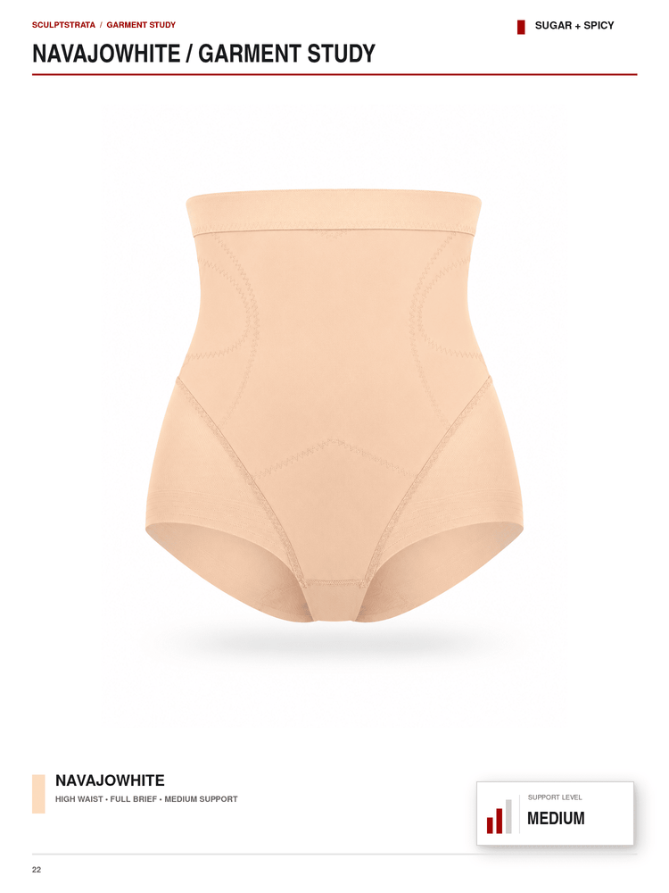 A high-waisted beige shapewear brief shown on a white background with text labels reading 'NAVAJOWHITE / GARMENT STUDY' and 'SUGAR + SPICY'.