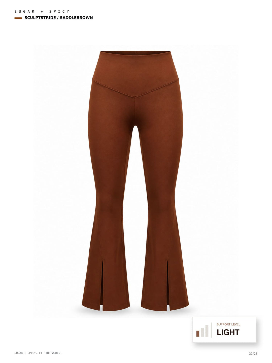A pair of high-waisted, flared brown pants with front slits at the hem, shown on a clean white background with text labels indicating the shade as &
