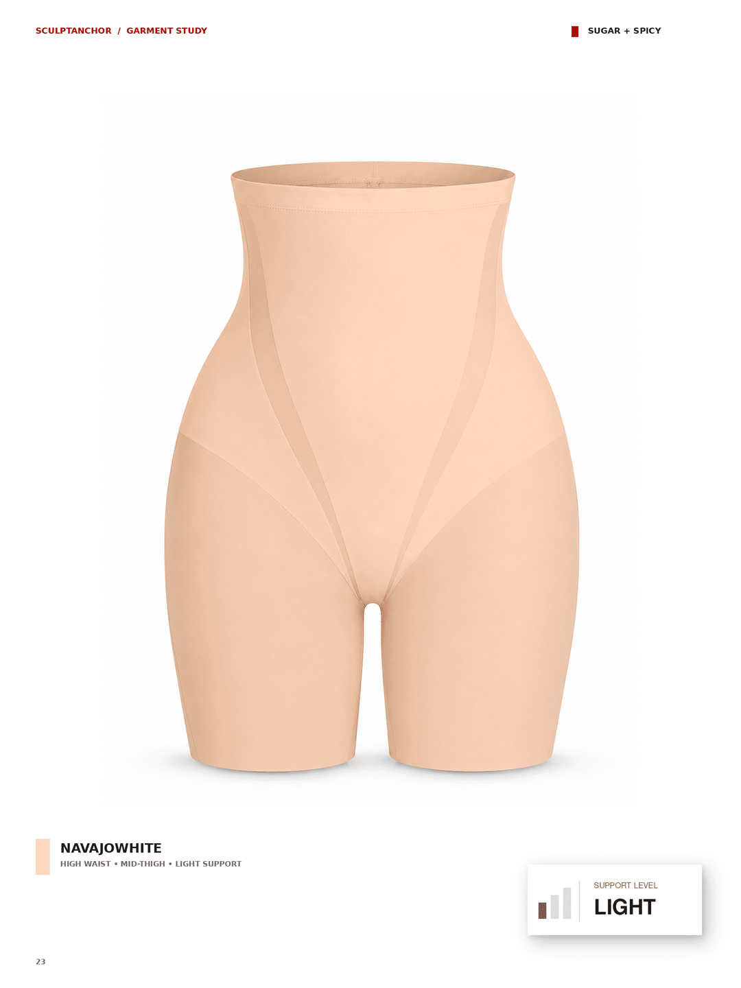 A high-waisted beige compression shapewear brief on a white background, with German text labels &