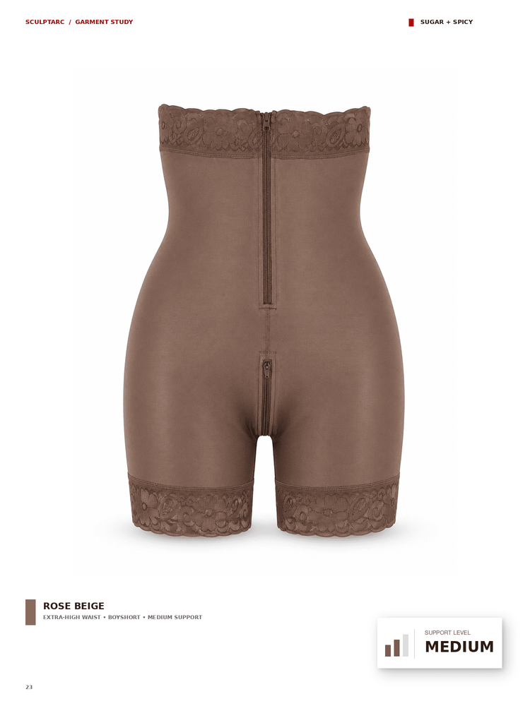 A pair of rose beige high-waisted compression shorts with lace trim at the waistband and leg hems, shown from the front on a white background with catalog text overlays.
