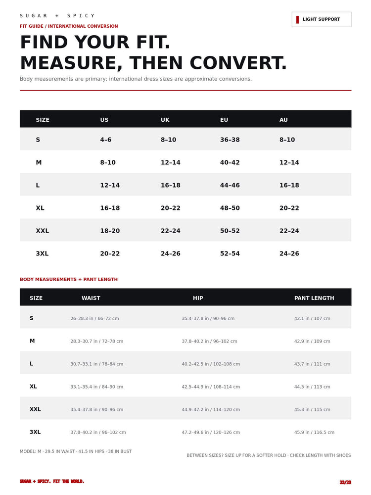 A sizing and conversion chart from Sugar & Spice Fit Guide / International Conversion, showing body measurements for sizes S through 3XL in US, UK, EU, and AU, with a note on body measurements and pant length.