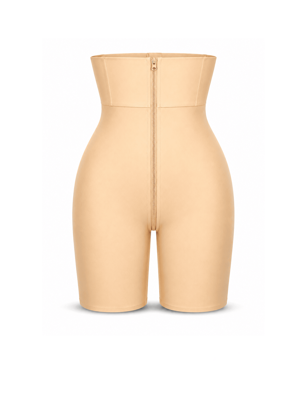 A high-waisted beige compression shapewear brief with a front zipper, shown from the back on a white background with text overlays.