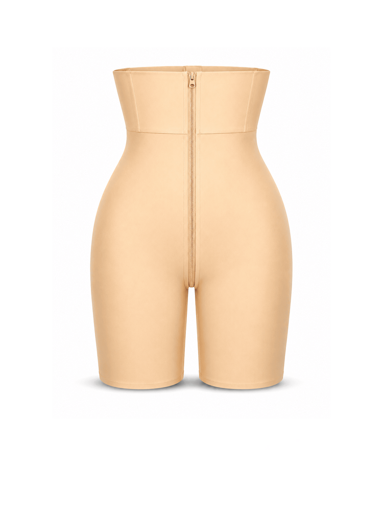 A high-waisted beige compression shapewear brief with a front zipper, shown from the back on a white background with text overlays.