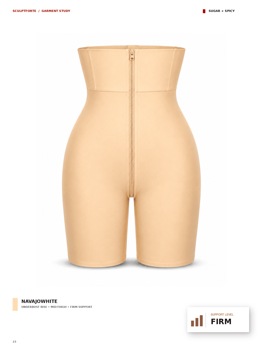 A high-waisted beige compression shapewear brief with a front zipper, shown from the back on a white background with text overlays.
