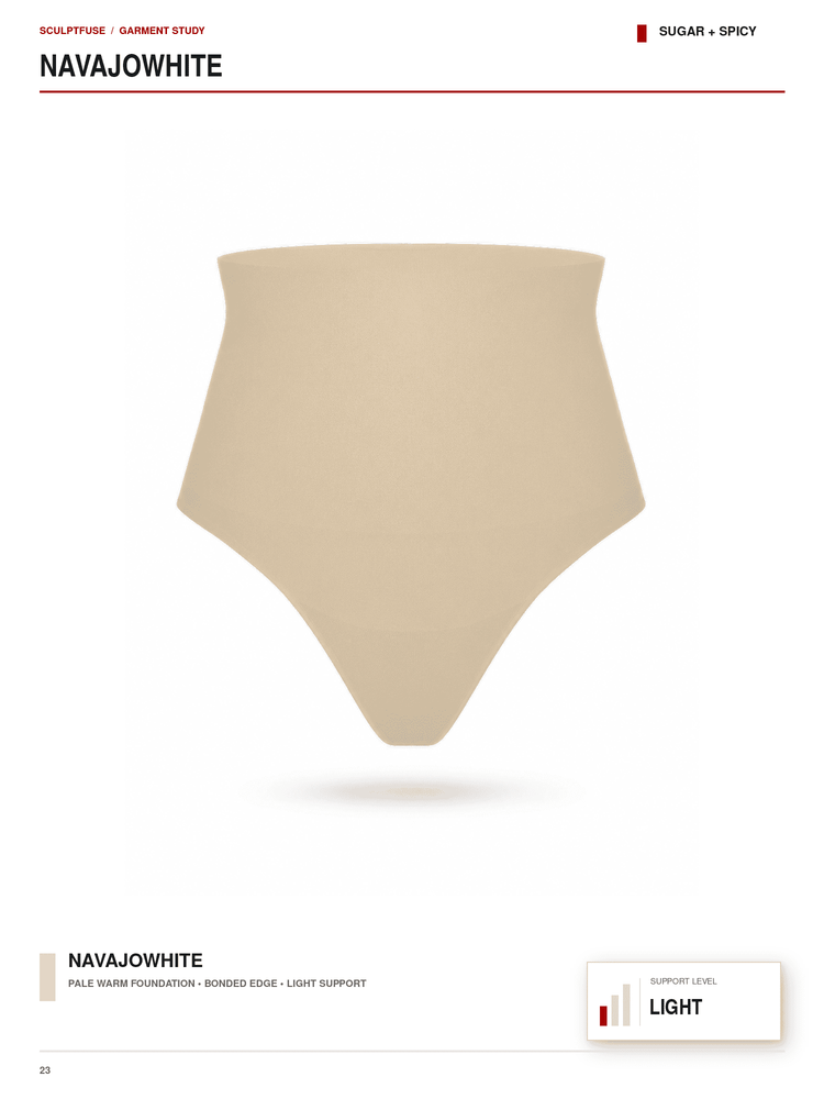 A light beige high-waisted compression foundation brief on a white background, labeled as 'NAVAJOWHITE' with 'SUGAR + SPICY' text at the top and product details at the bottom.