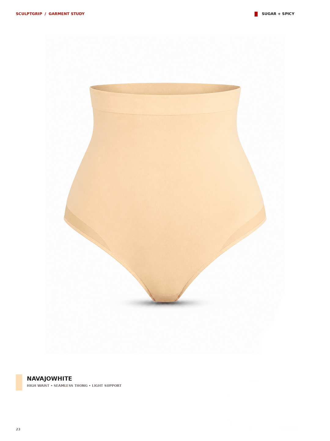 A high-waisted, seamless support brief in a light beige shade, labeled as &