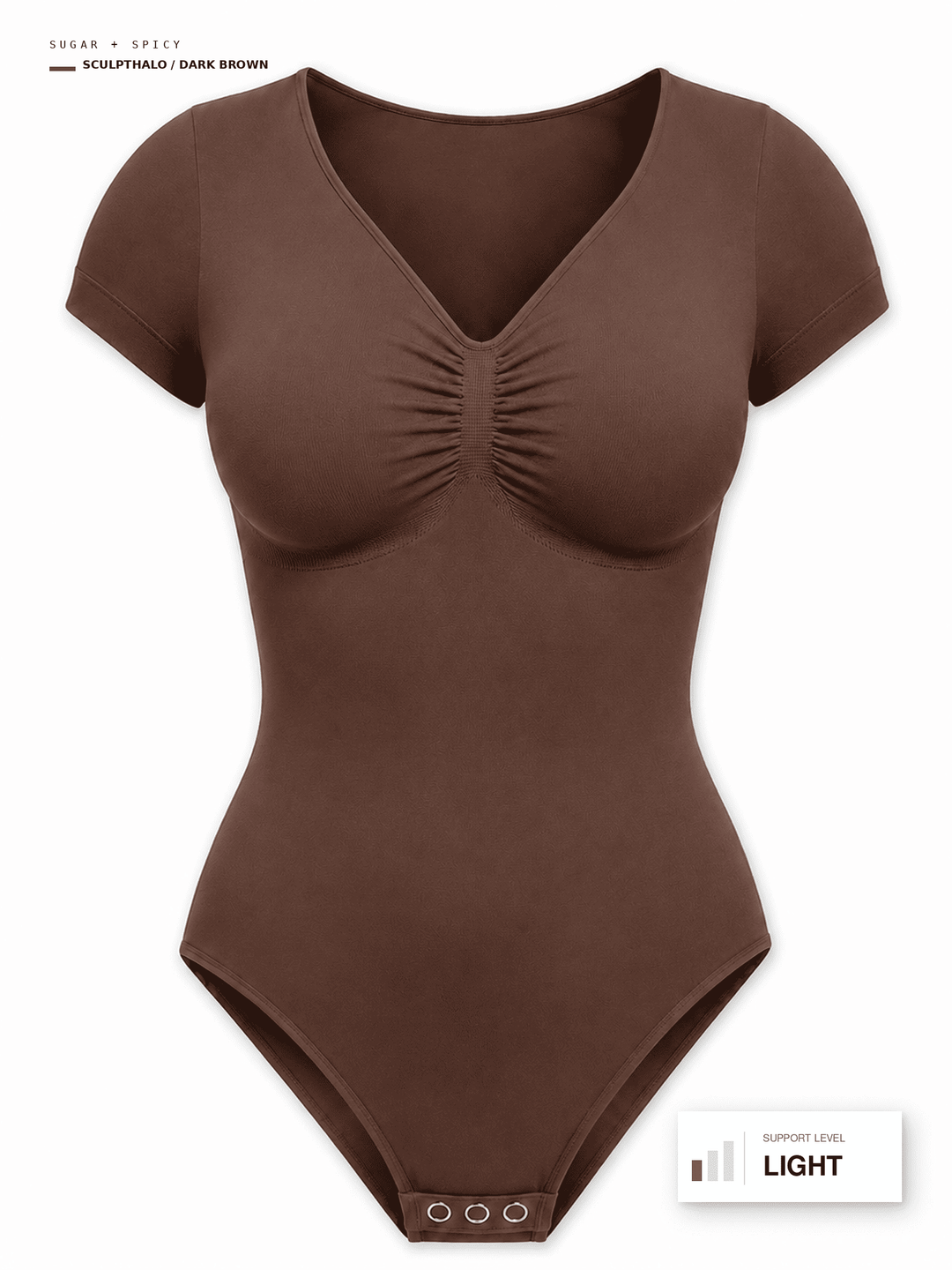 A dark brown short-sleeve bodysuit with a V-neckline and gathered bust detail, shown on a plain white background with small text labels in the corners.