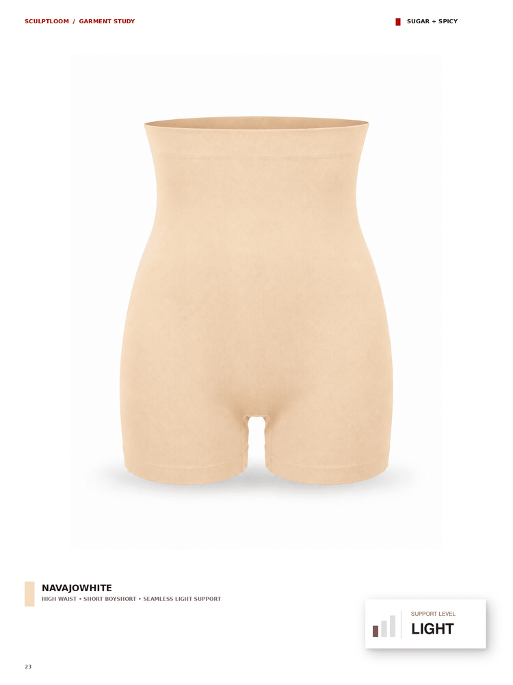 A high-waisted seamless support brief in a light beige shade, shown against a plain white background with catalog text overlays.