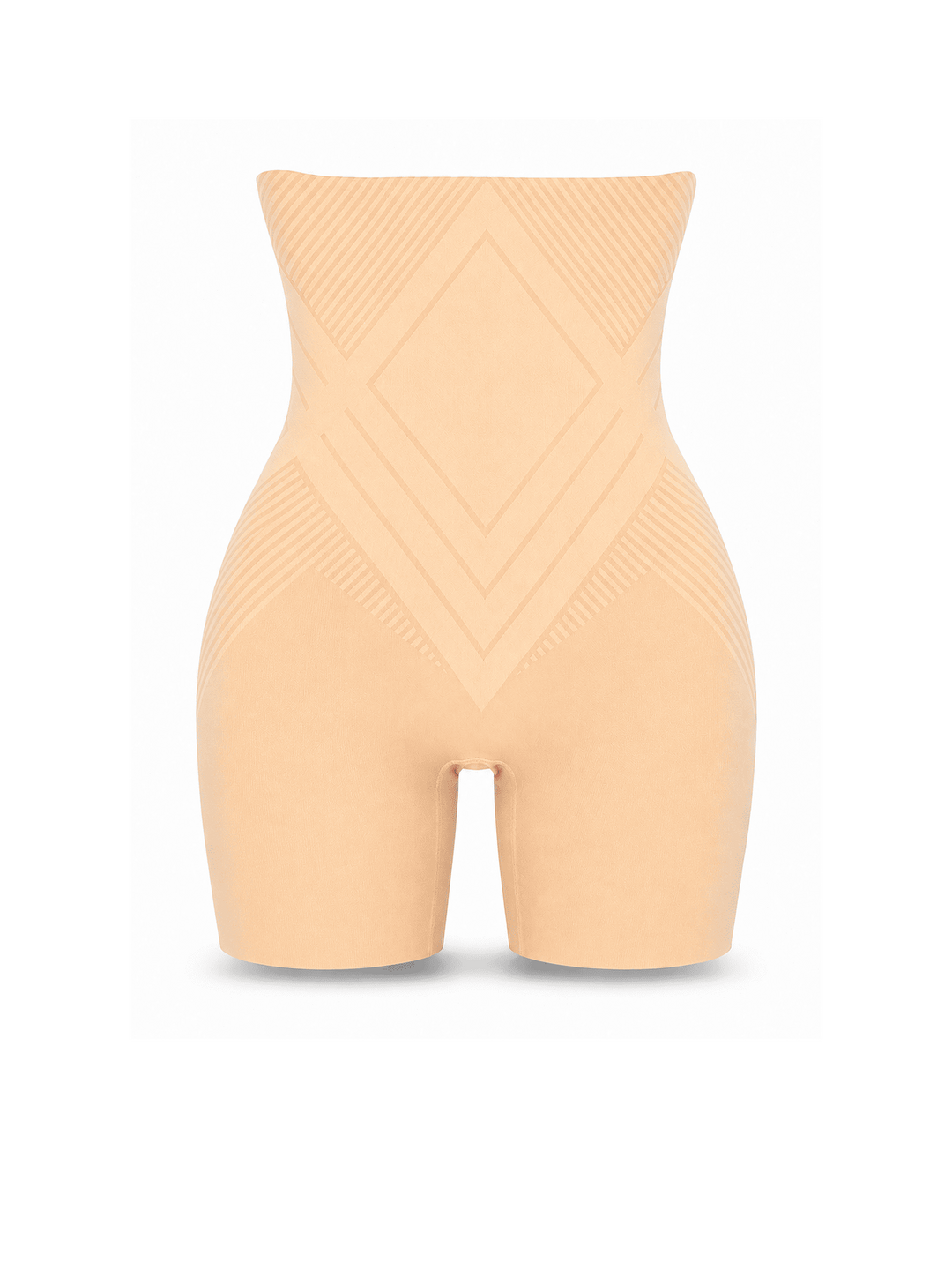 A high-waisted compression shapewear brief in a light peach-beige shade, shown from the front on a white background. The garment features a wide waistband and textured geometric patterns on the torso and thighs.