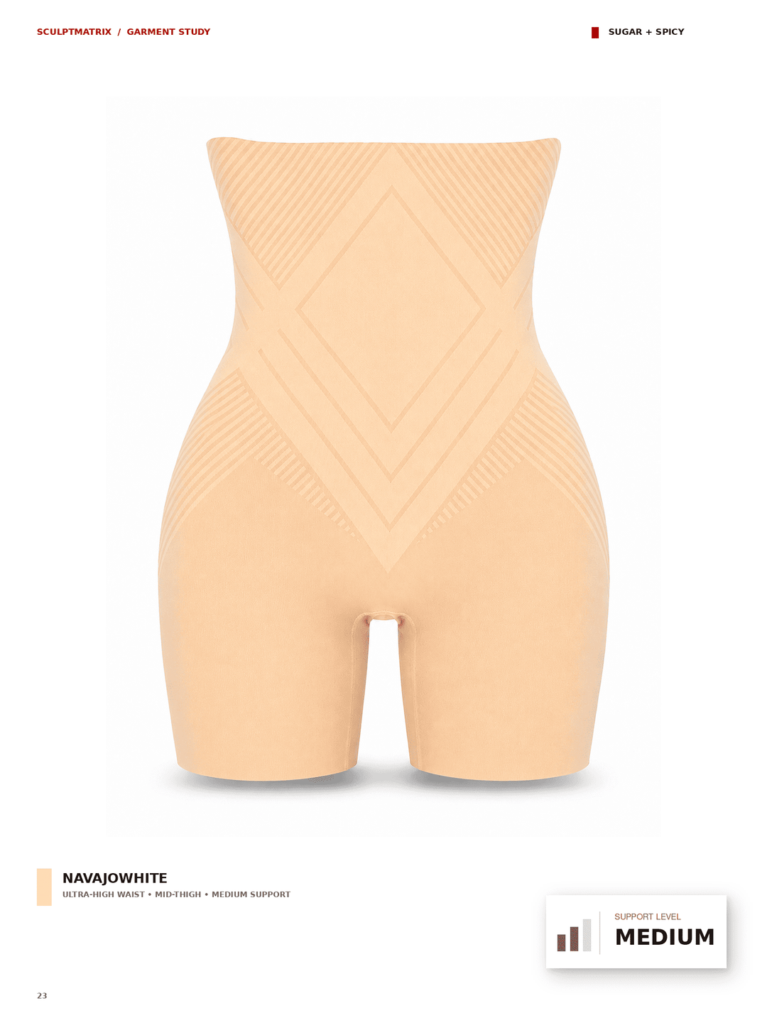 A high-waisted compression shapewear brief in a light peach-beige shade, shown from the front on a white background. The garment features a wide waistband and textured geometric patterns on the torso and thighs.