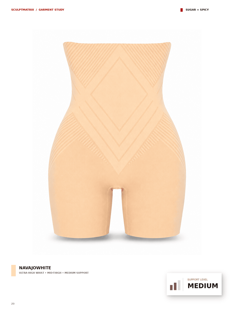A high-waisted compression shapewear brief in a light peach-beige shade, shown from the front on a white background. The garment features a wide waistband and textured geometric patterns on the torso and thighs.