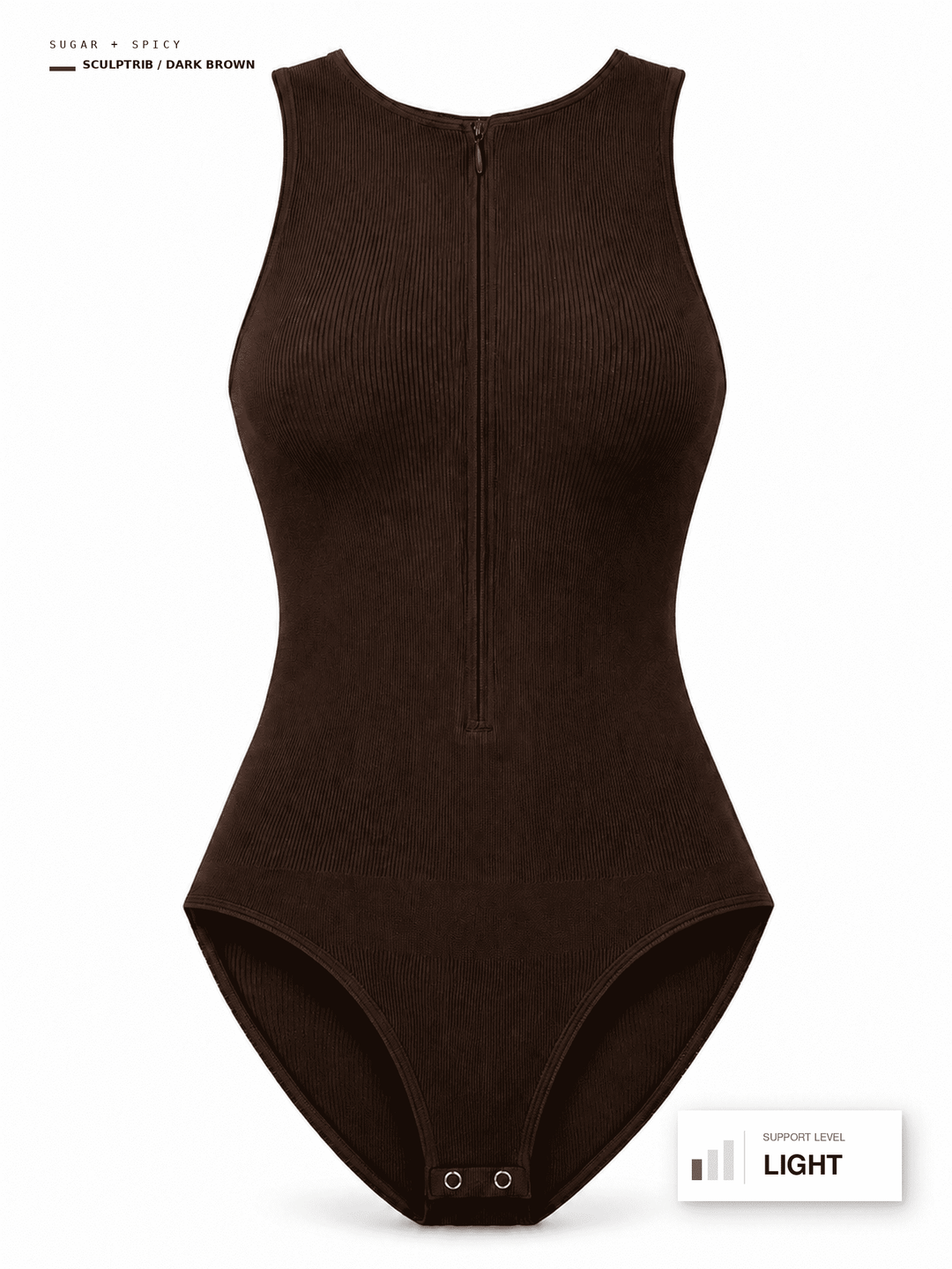 A dark brown ribbed bodysuit with a front zipper, displayed on a clean white background. Text overlays indicate the color as &