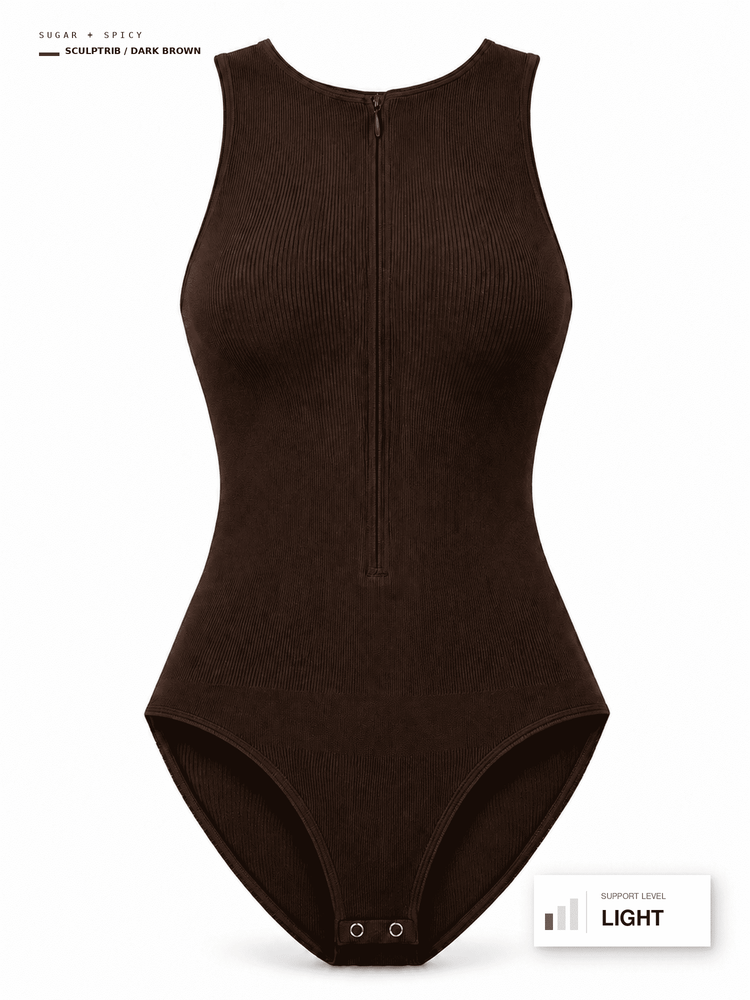 A dark brown ribbed bodysuit with a front zipper, displayed on a clean white background. Text overlays indicate the color as 'Sour + Spice' and 'Sculpted (Dark Brown)', with a small 'LIGHT' label in the bottom right corner.