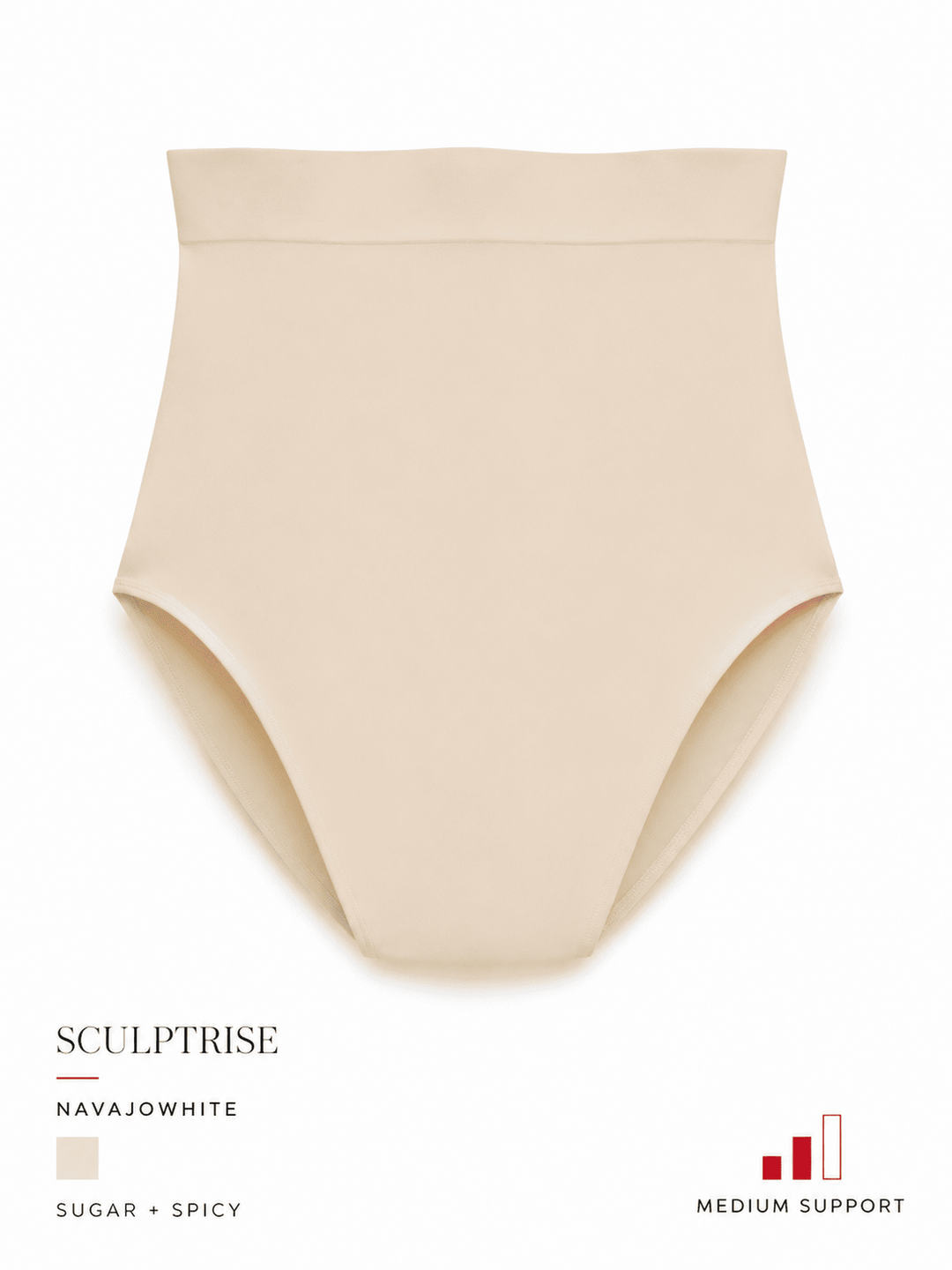 A high-waisted seamless underwear brief in a light beige/navyjowhere shade, shown flat against a white background with text overlays indicating the brand &