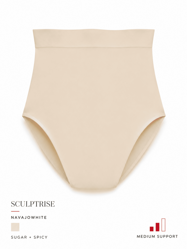 A high-waisted seamless underwear brief in a light beige/navyjowhere shade, shown flat against a white background with text overlays indicating the brand 'SCULPTRISE', color 'NAVAJOWHITE' and 'SUGAR + SPICY'.