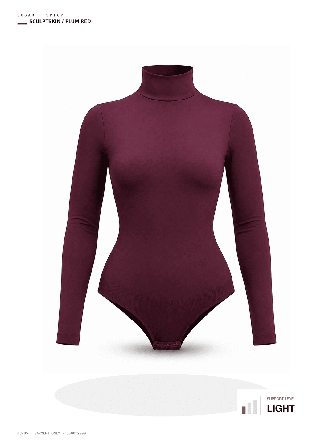A plum-colored long-sleeve bodysuit with a mock neck, displayed on a clean white background with a soft shadow underneath. Product details and color labels are visible in the top-left and bottom-right corners.