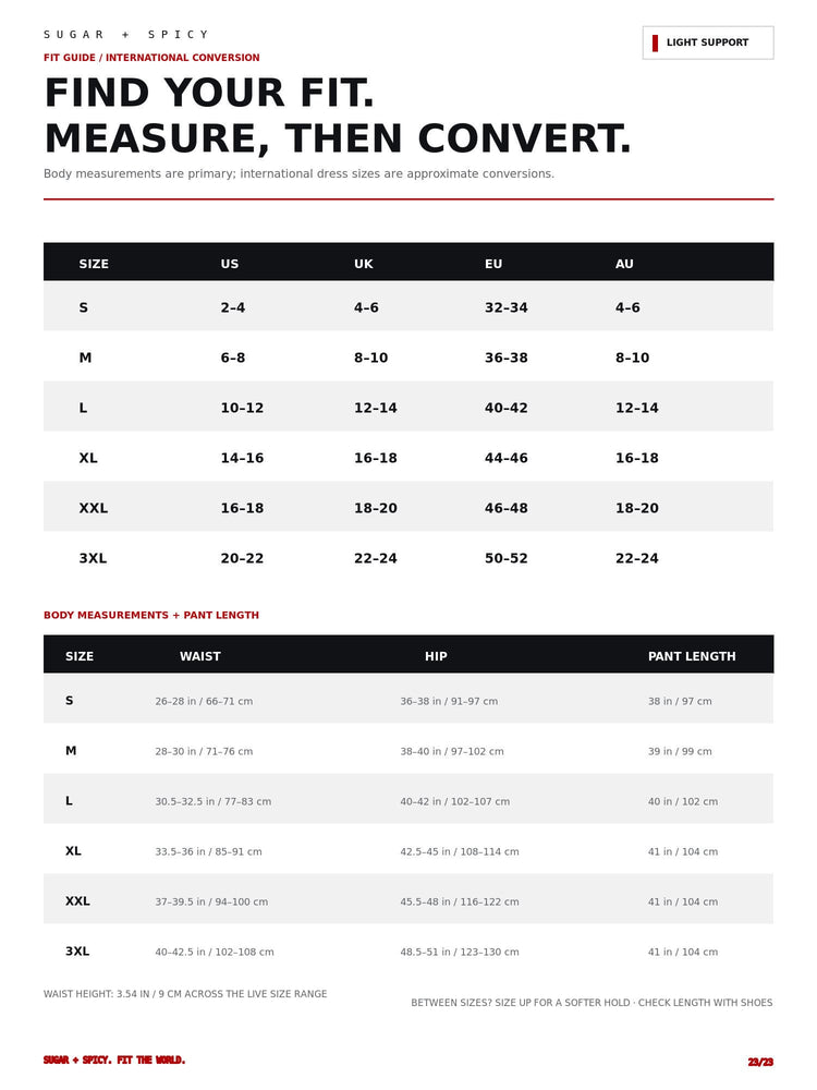 A sizing and conversion chart from SUGAR + SPICY, titled 'FIND YOUR FIT. MEASURE, THEN CONVERT.