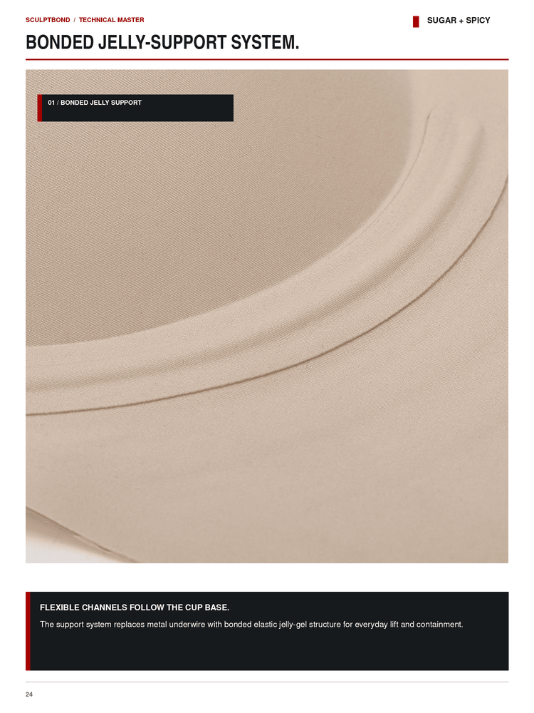 Technical catalog page for the Sculptform Bonded Jelly Support System, showing a close-up of a beige elastic jelly material sample with text explaining flexible channels and cup base support.