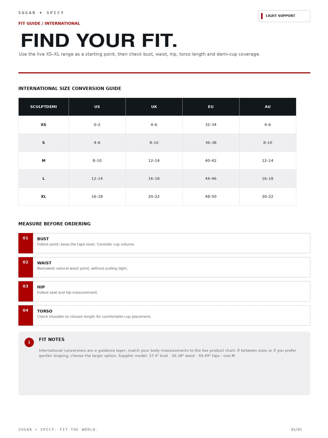 A fit guide and sizing conversion chart for Sugar + Spicy, titled &