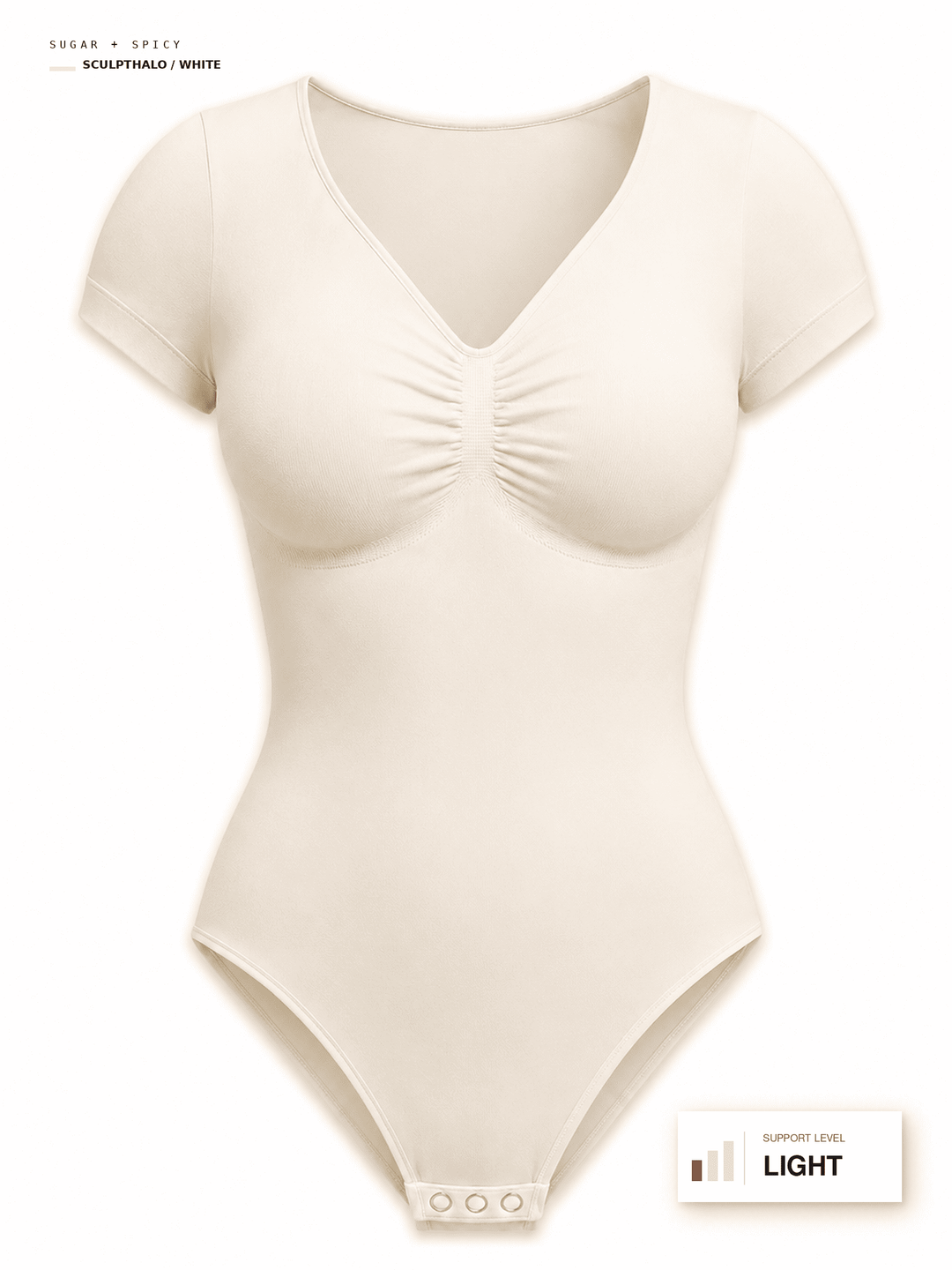 An off-white short-sleeve bodysuit with a V-neckline and gathered bust detail, shown on a plain white background with informational text overlays.