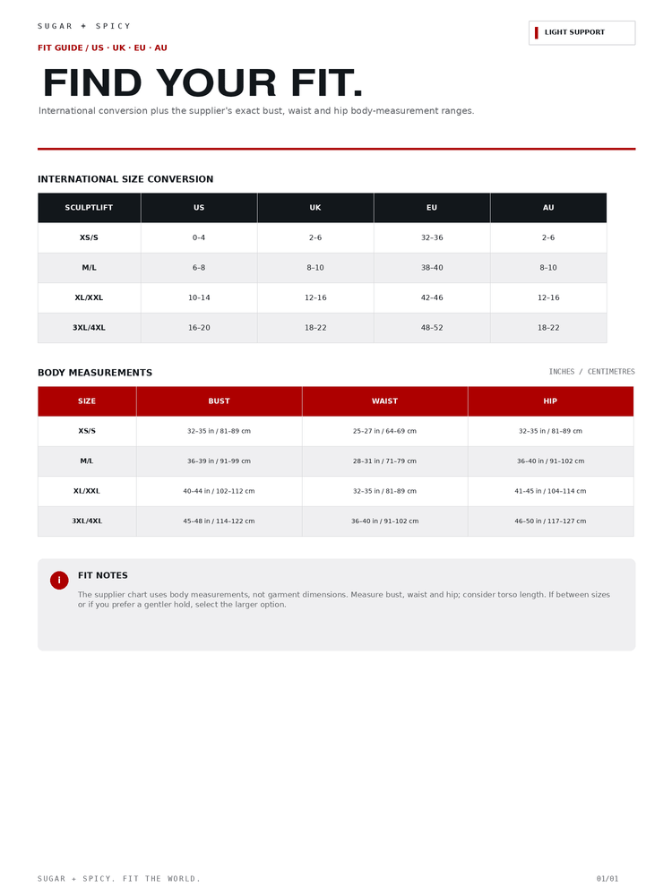 A fit guide and sizing chart for Sugar + Spice, titled 'FIND YOUR FIT.' The page includes an international conversion table, body measurements table, and fit notes with size and waist/hip guidance.