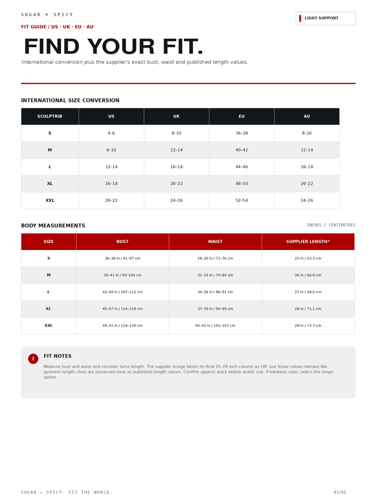 A sizing and conversion guide page for Sugar + Spicy, titled 'FIND YOUR FIT.' The page includes an 'International size conversion' table with size columns S through XXL and body measurement columns Bust, Waist, and Supple Length, plus fit notes at the bottom.