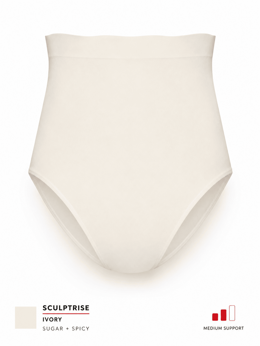 An ivory high-waisted brief or shapewear garment shown alone on a white background, with text at the bottom reading &