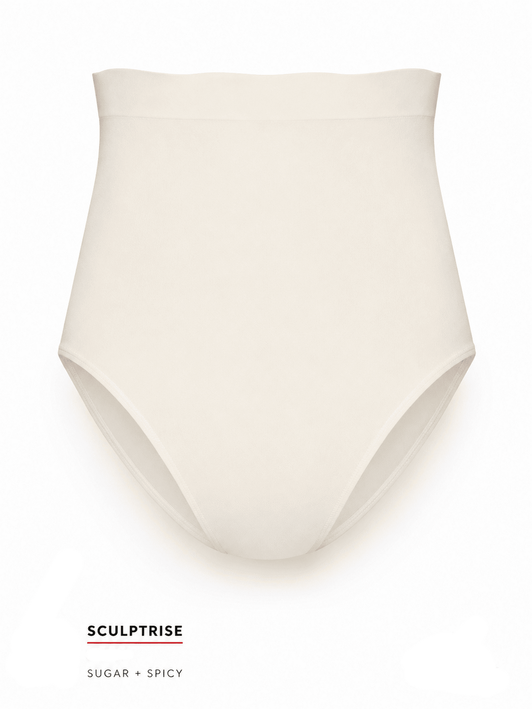 An ivory high-waisted brief or shapewear garment shown alone on a white background, with text at the bottom reading &