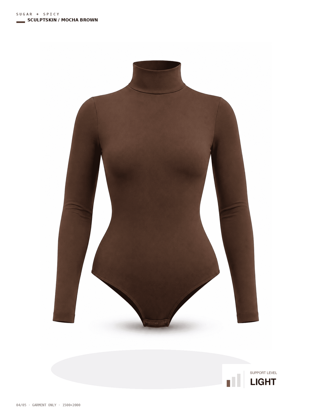 A long-sleeve mock neck bodysuit in a solid medium brown color, displayed on a ghost mannequin against a white background with product information text at the top and bottom.