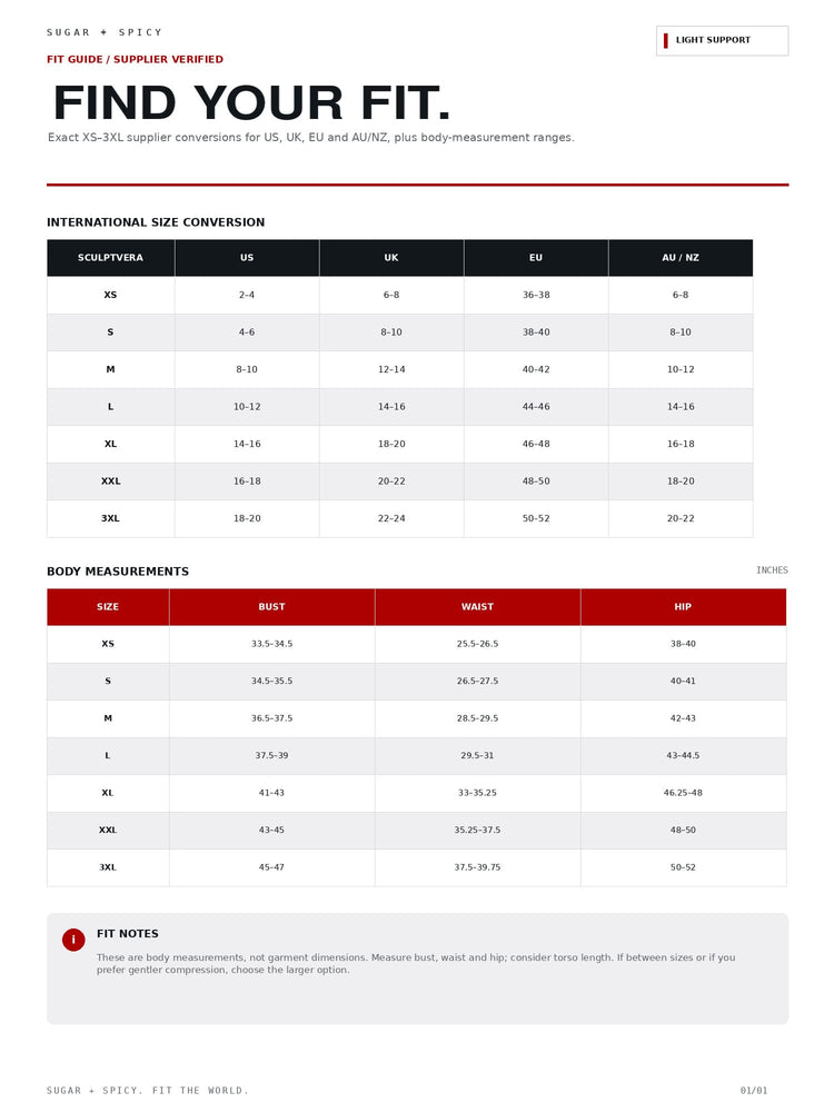 A fit guide and size conversion chart for Sugar + Spicy apparel, featuring an international size conversion table, body measurements table, and fit notes on a white background.