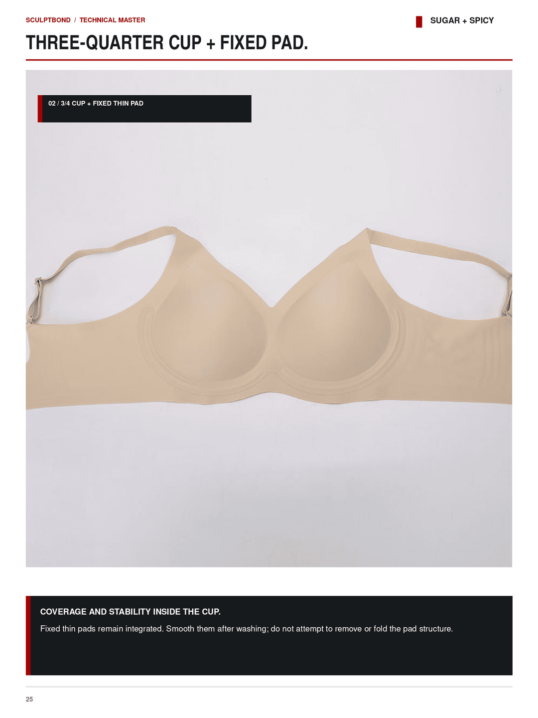 Technical product photo of a beige three-quarter cup bra with a fixed thin pad, shown from the front on a white background with explanatory text.