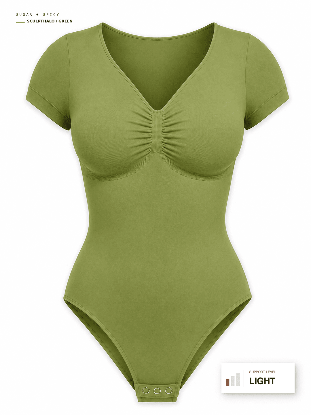 An olive green short-sleeve bodysuit with a V-neckline and gathered bust detail, shown on a plain white background with small text labels in the corners.