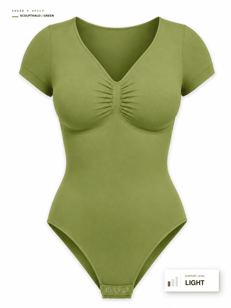 An olive green short-sleeve bodysuit with a V-neckline and gathered bust detail, shown on a plain white background with small text labels in the corners.