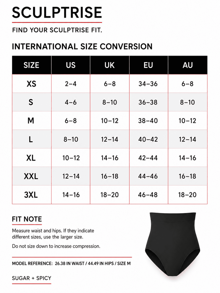 A size conversion chart for Sculptrice underwear, showing a table with US, UK, EU, and AU sizes from XS to 3XL, plus a small black garment photo at the bottom right.