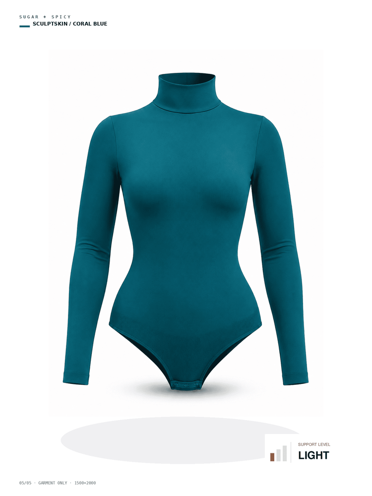 A long-sleeve mock neck bodysuit in a deep teal/coral blue color, displayed on a ghost mannequin against a white background with product metadata text in the corners.