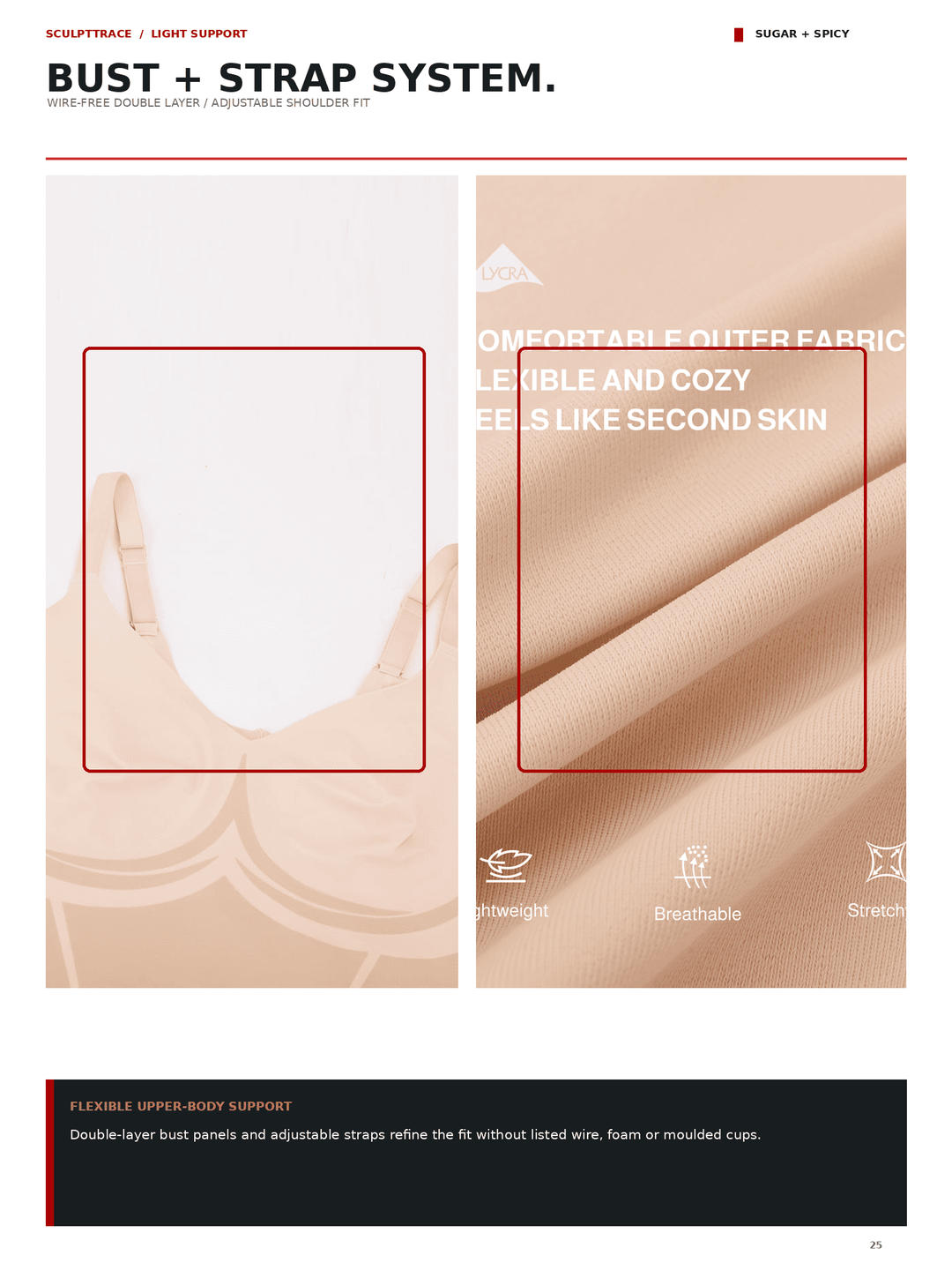 A product informational page for a seamless double-layer bust support system, showing a beige/nude bra on the left and close-up fabric swatches on the right with text describing comfort, flexibility, and stretch. The page includes branding and feature callouts.