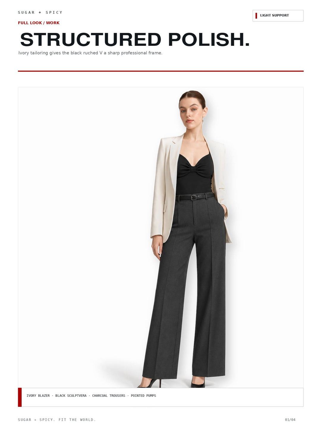 A fashion editorial-style full-body shot of a woman wearing a light ivory blazer over a black ruched top and black wide-leg trousers, standing against a plain white background. Large text at the top reads &