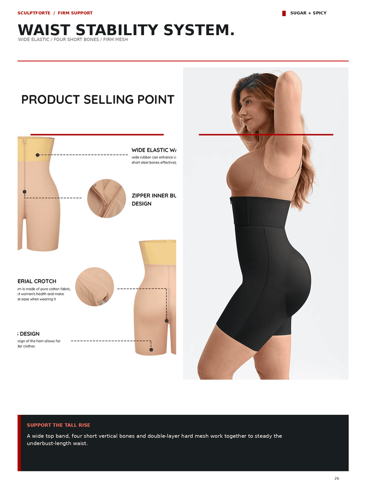 A product marketing page for a waist support belt, featuring a model wearing a black waist trainer and three inset diagrams showing the product's features: wide elastic waistband, zipper inner back design, and erect crotch. The page has text headings and a clean white background.
