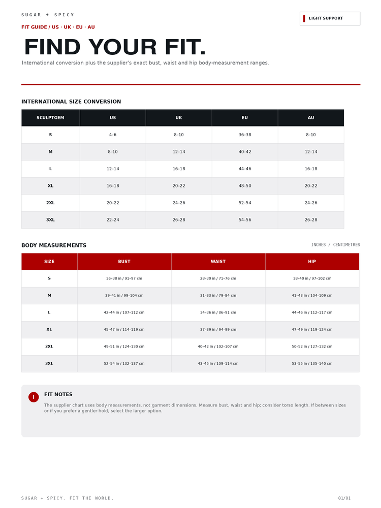 A sizing and conversion chart page from Sugar + Spice's 'Find the Fit' guide, displaying a table for international size conversion (XS to XXL) and body measurements for bust, waist, and hip, with fit notes at the bottom.