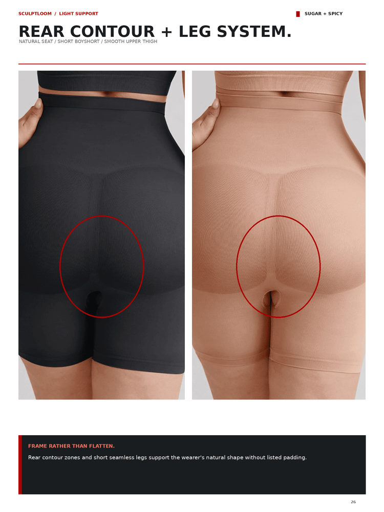 A before-and-after comparison showing the rear contour effect of a shapewear product. The left panel shows a model wearing black shapewear shorts with a red circle highlighting the smoothed rear area.
