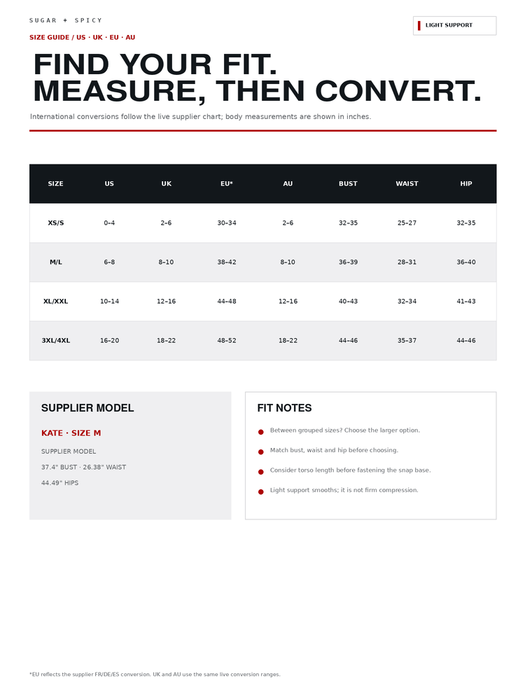 A fit-and-size conversion chart from Sugar + Spice, showing a size guide table in US, UK, EU, AU, US, and UK sizes with measurements in inches. It includes a supplier model note for Kate - Size M and fit notes, on a white background with black and red text.