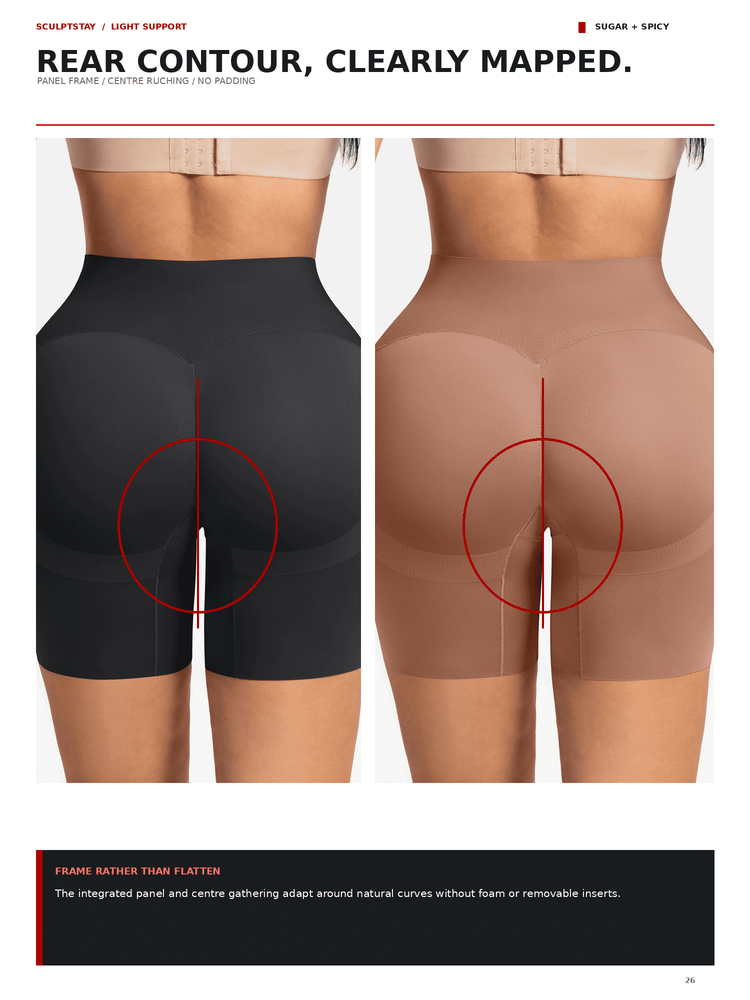 A product comparison graphic showing two rear-view body shots wearing shapewear shorts in two different shades: a dark charcoal/black on the left and a warm tan/beige on the right. The image includes marketing text at the top and bottom and red circular callouts highlighting the shapewear fit.