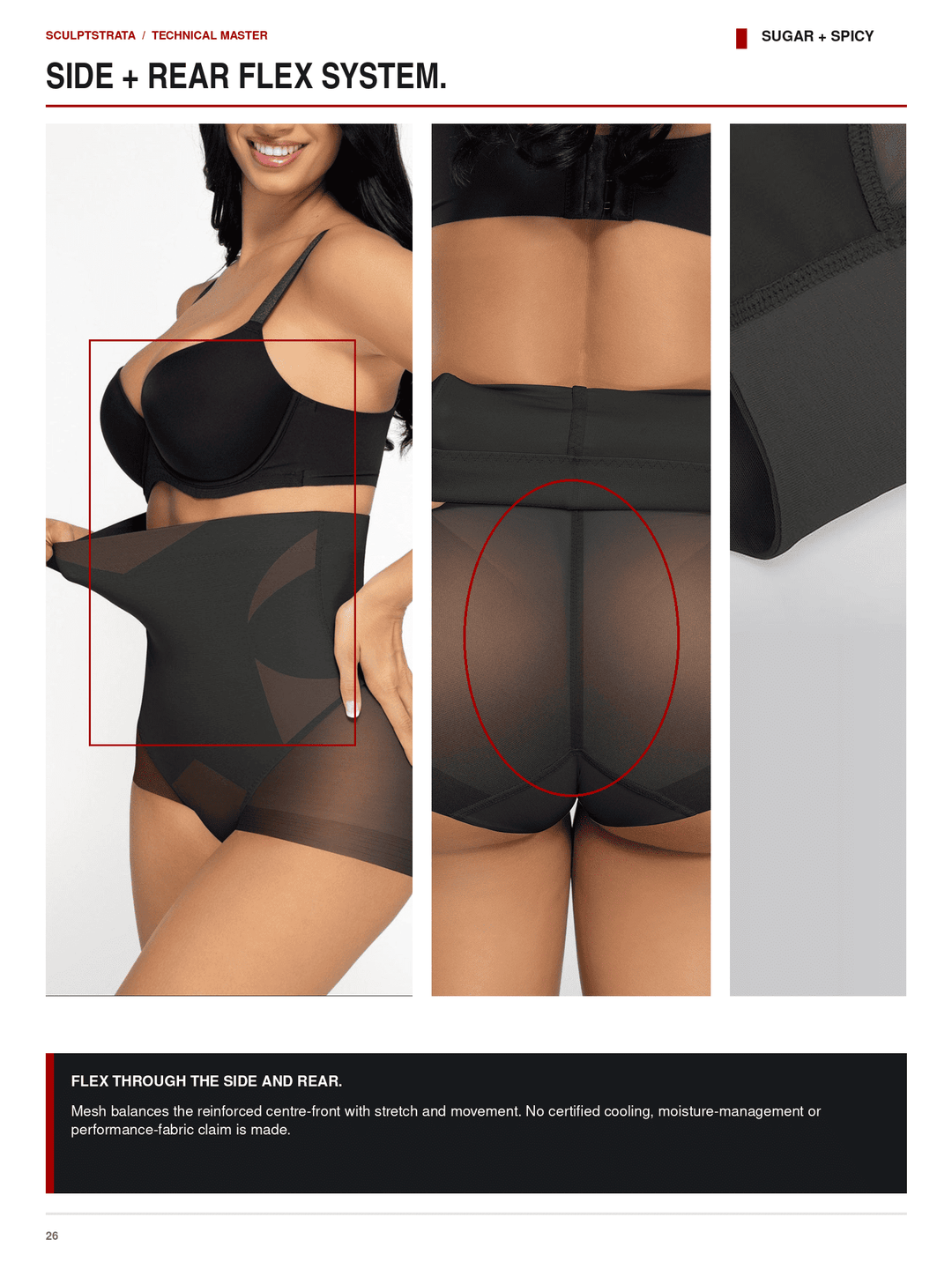 Technical catalog page showing a model wearing black sheer mesh shapewear briefs with side and rear flex panels, labeled &